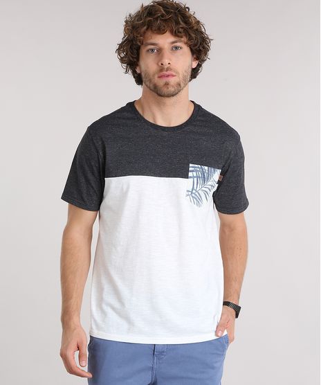 Camiseta-Masculina-Manga-Curta-Gola-Careca-com-Bolso-Estampado-de-Folhagem-Off-White-9125862-Off_White_1