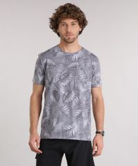 Camiseta-Masculina-Estampada-de-Folhagem-com-Bolso-Manga-Curta-Gola-Careca--Cinza-Escura-9159639-Cinza_Escura_1