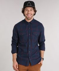 Camisa-Masculina-Xadrez-Manga-Longa-com-Bolsos--Azul-Marinho-9117427-Azul_Marinho_1