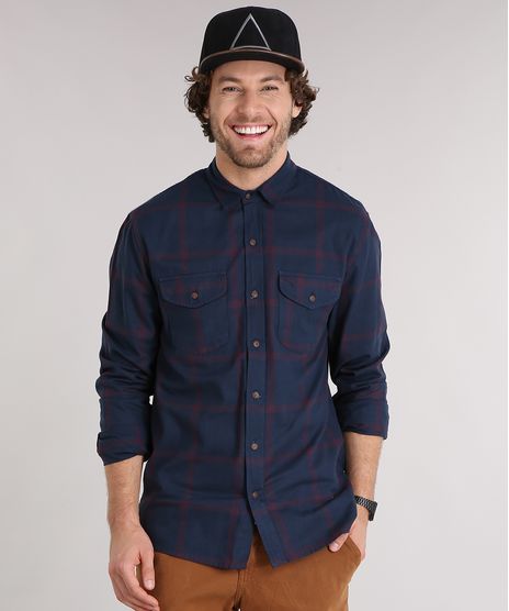 Camisa-Masculina-Xadrez-Manga-Longa-com-Bolsos--Azul-Marinho-9117427-Azul_Marinho_1