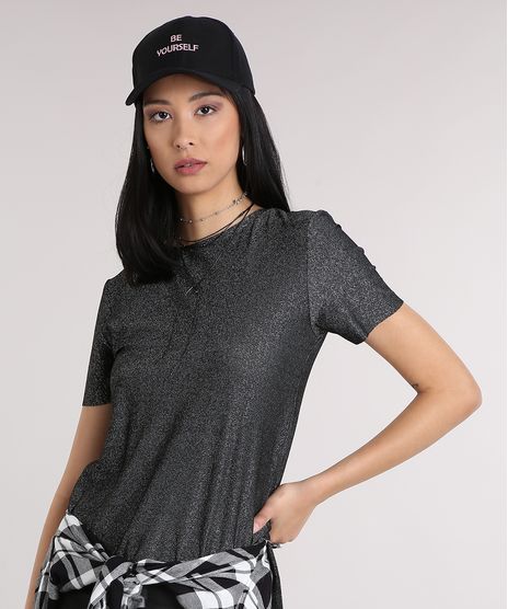 Blusa-Feminina-Assimetrica-com-Lurex-Prateado-e-Manga-Curta-Decote-Redondo-Preta-9133276-Preto_1