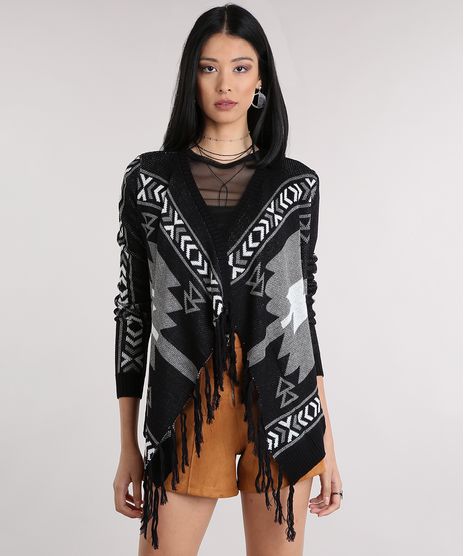 Capa-Feminina-em-Trico-Estampada-Etnica-com-Franjas-Preto-8889015-Preto_1