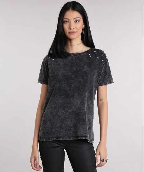 Blusa-Feminina-Marmorizada-com-Perolas-Manga-Curta-Decote-Redondo-Preta-9148876-Preto_1