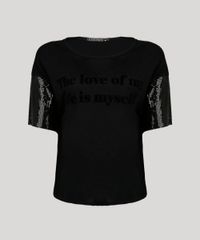 Blusa-Feminina--The-Love-of-My-Life-is-Myself--com-Mangas-Curtas-em-Paete-e-Decote-Redondo-Preta-9133069-Preto_5