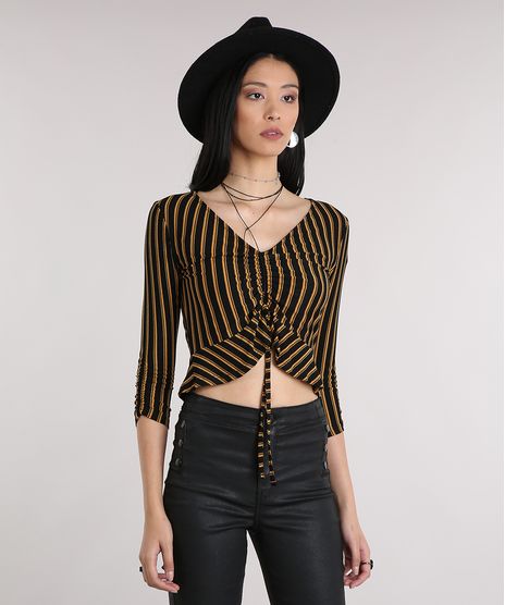 Blusa-Feminina-Cropped-Listrada-com-Franzidos-Decote-V-Manga-3-4-Preta-9218525-Preto_1