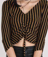 Blusa-Feminina-Cropped-Listrada-com-Franzidos-Decote-V-Manga-3-4-Preta-9218525-Preto_4 Blusa-Feminina-Cropped-Listrada-com-Franzidos-Decote-V-Manga-3-4-Preta-9218525-Preto_4