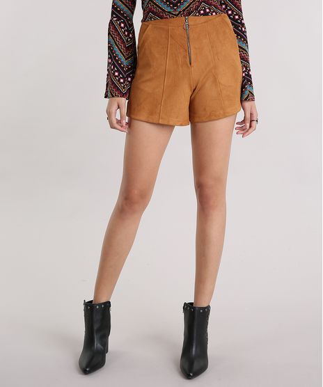 Short-Feminino-em-Suede-com-Ziper-Cintura-Alta-Frontal-e-Bolsos-Caramelo-9163259-Caramelo_1