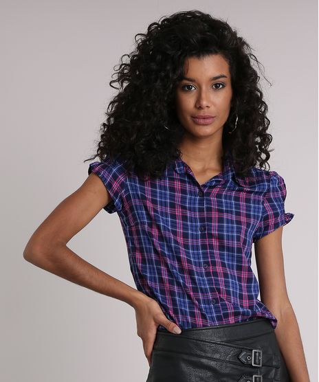 Camisa-Feminina-Xadrez-Manga-Curta-com-Franzido-Azul-Marinho-9102842-Azul_Marinho_1
