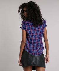 Camisa-Feminina-Xadrez-Manga-Curta-com-Franzido-Azul-Marinho-9102842-Azul_Marinho_2