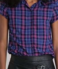 Camisa-Feminina-Xadrez-Manga-Curta-com-Franzido-Azul-Marinho-9102842-Azul_Marinho_4