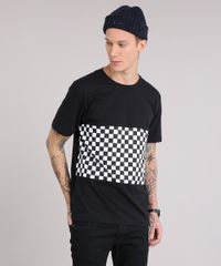 Camiseta-Masculina-com-Recorte-Estampado-Quadriculado-Manga-Curta-Gola-Careca-Preta-9204676-Preto_1