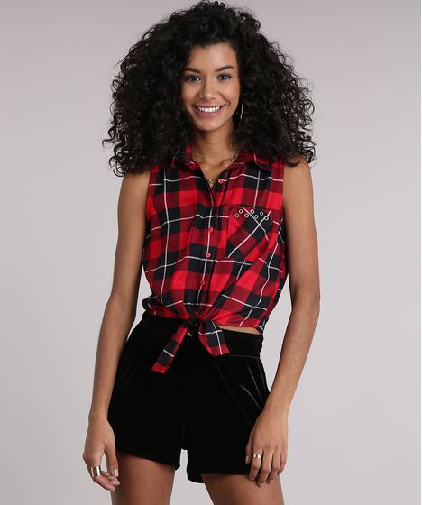 Camisa Feminina Xadrez Com No Ilhos No Bolso Sem Manga Vermelha Cea