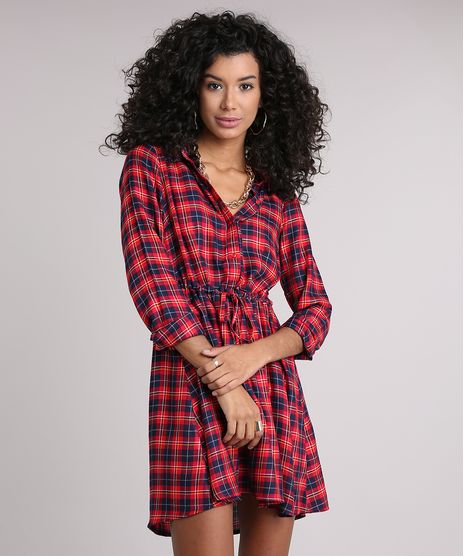 Vestido-Chemise-Feminino-Xadrez-Manga-Longa-Vermelha-8917639-Vermelho_1