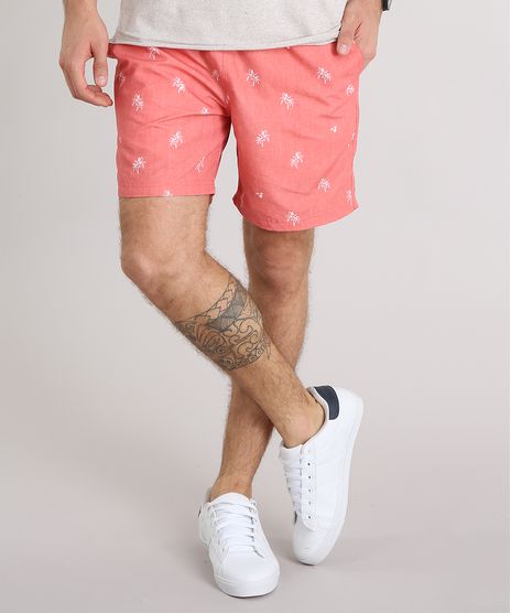 Bermuda-Masculina-Estampada-de-Coqueiros-com-Bolsos-Coral-9134184-Coral_1