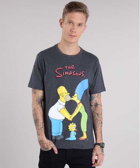 Camiseta Oxer Básica Mescla Raglan Masculina Camiseta Masculina Homer E Marge Os Simpsons Manga Curta Gola Careca Cinza Mescla Escuro Cea