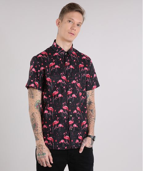 Camisa-Masculina-Estampada-de-Flamingos-com-Bolso-Manga-Curta-Preta-9109821-Preto_1