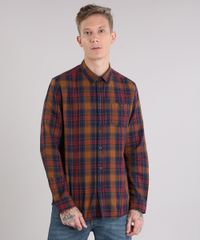 Camisa-Masculina-Xadrez-com-Bolso-Manga-Longa-Caramelo-8886528-Caramelo_1