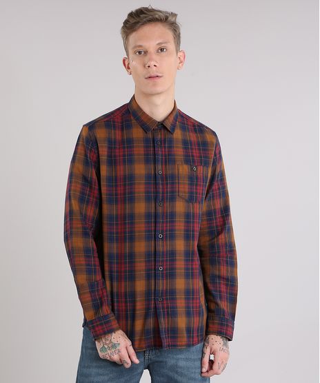 Camisa-Masculina-Xadrez-com-Bolso-Manga-Longa-Caramelo-8886528-Caramelo_1