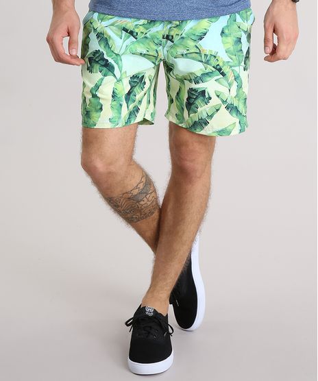 Bermuda-Masculina-Estampada-de-Folhagem-com-Bolsos-Verde-Claro-9134182-Verde_Claro_1