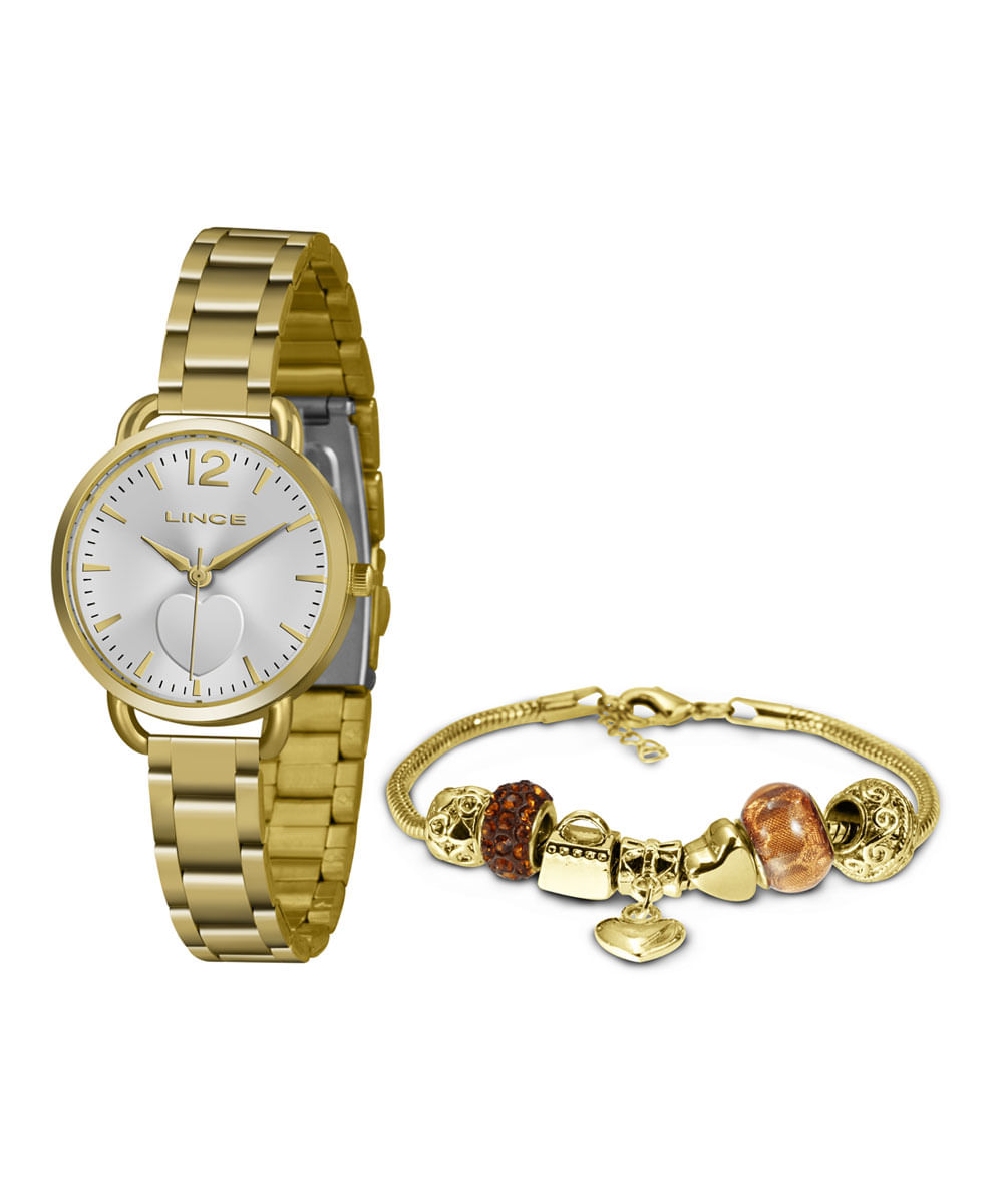 Kit Relógio Lince Feminino Dourado Analógico LRGH120L KX07S2KX + Pulseira Dourado