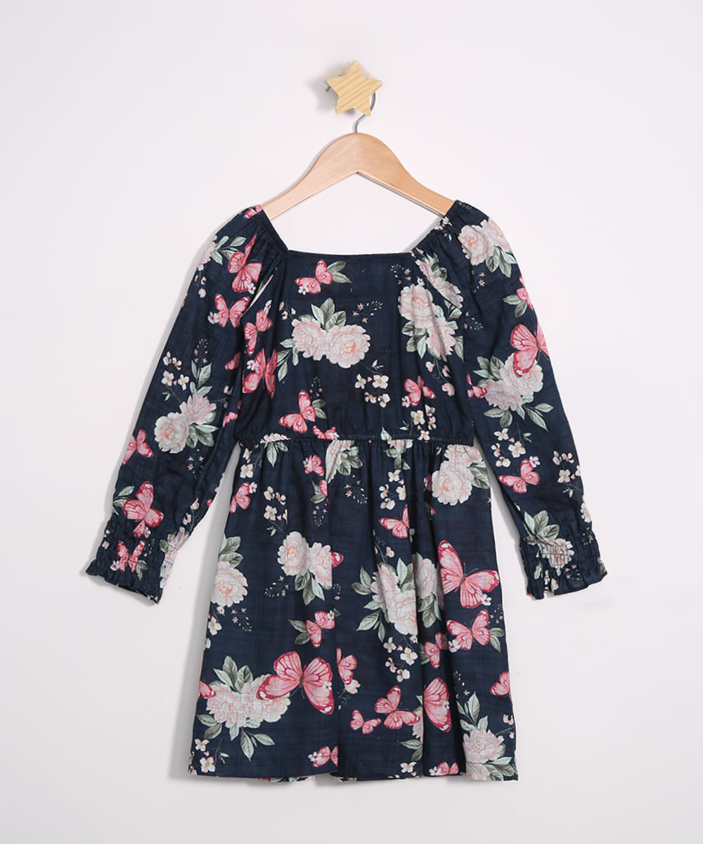 Vestido Infantil Estampado Floral Manga Bufante Azul Marinho