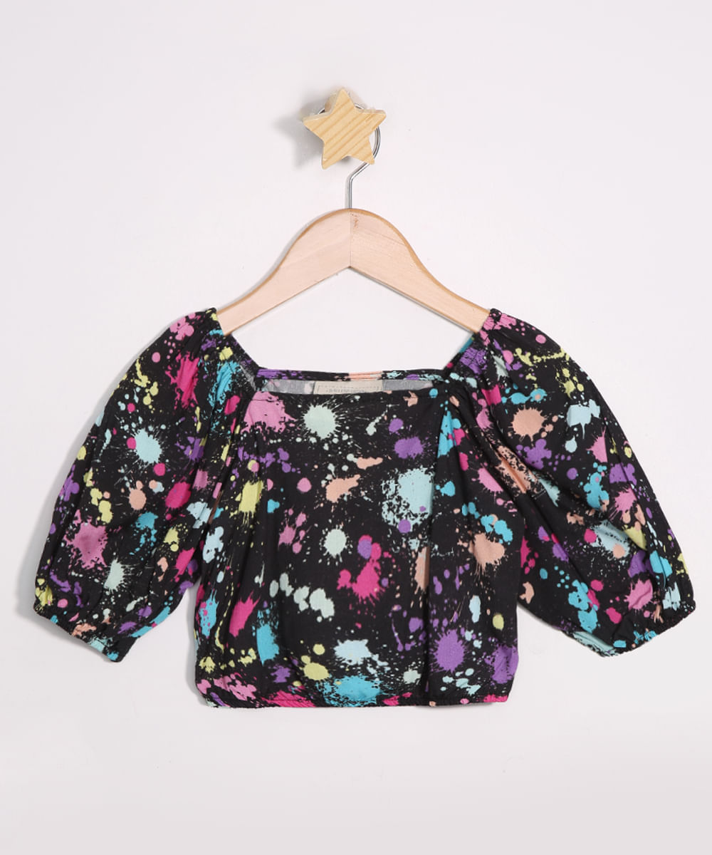 Blusa Infantil de Viscose Estampada de Respingos Cropped Manga Bufante Decote Reto Preta