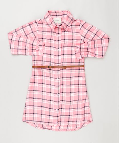 Vestido-Chemise-Xadrez-Manga-Longa-com-Cinto-Rosa-9170670-Rosa_1