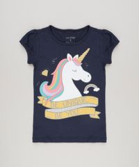 Blusa-Infantil-Unicornio-com-Glitter-Manga-Curta-Decote-Redondo-em-Algodao---Sustentavel-Azul-Marinho-9107643-Azul_Marinho_1