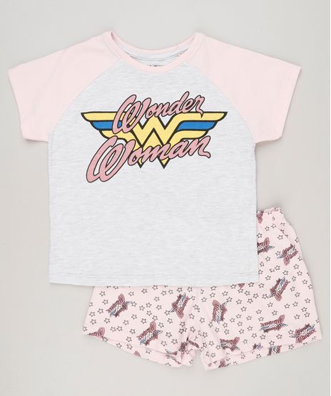 Pijama-Infantil-Mulher-Maravilha-com-Glitter-Manga-Curta-Cinza-Mescla-Claro-9133015-Cinza_Mescla_Claro_1