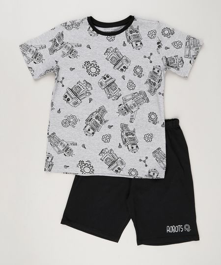 Pijama-Infantil-Estampado-de-Robo-Manga-Curta-Cinza-Mescla-9133493-Cinza_Mescla_1