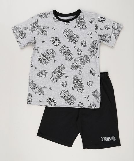 Pijama-Infantil-Estampado-de-Robo-Manga-Curta-Cinza-Mescla-9133493-Cinza_Mescla_1