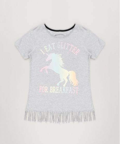 Blusa-Infantil--I-Eat-Glitter-for-Breakfast--com-Franjas-Manga-Curta-Decote-Redondo-Cinza-Mescla-9220310-Cinza_Mescla_1