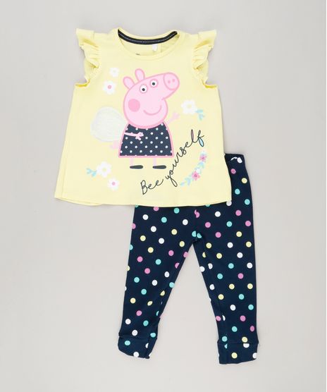 Conjunto-Infantil-de-Blusa-Peppa-Pig-Manga-Curta-Amarela---Calca-Legging-Estampada-de-Poa-em-Algodao---Sustentavel-Azul-Marinho-9079360-Azul_Marinho_1