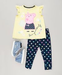 Conjunto-Infantil-de-Blusa-Peppa-Pig-Manga-Curta-Amarela---Calca-Legging-Estampada-de-Poa-em-Algodao---Sustentavel-Azul-Marinho-9079360-Azul_Marinho_3