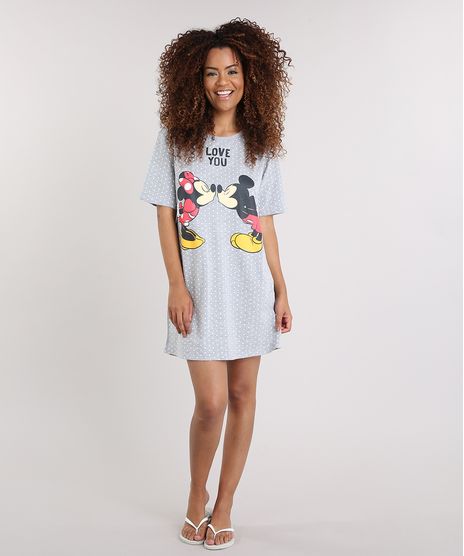 Camisola-Feminina-Estampada-de-Poas-Mickey-e-Minnie-Manga-Curta-Cinza-Mescla-9189463-Cinza_Mescla_1