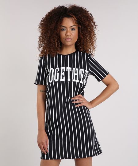 Vestido-Feminino-Listrado-Curto-Manga-Curta-Decote-Redondo-Preto-9129249-Preto_1
