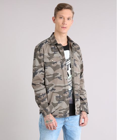 Camisa-Masculina-Estampada-Camuflada-com-Bolsos-Manga-Longa-Verde-Militar-8875704-Verde_Militar_1