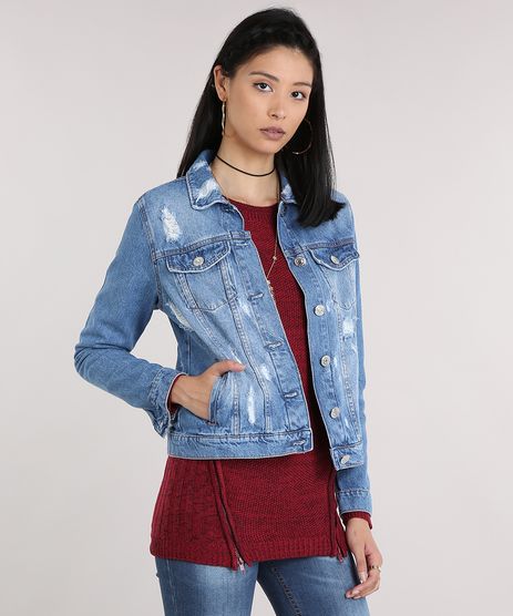 jaqueta jeans feminina longa destroyed