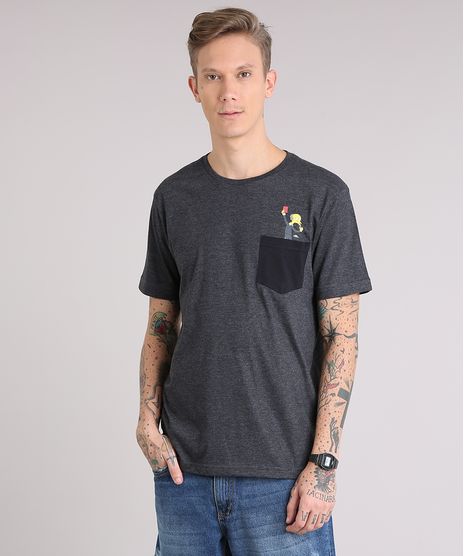 Camiseta-Masculina-Simpsons-com-Bolso-Manga-Curta-Gola-Careca-Cinza-Mescla-Escuro-9150263-Cinza_Mescla_Escuro_1