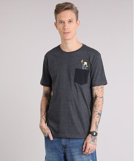 Camiseta Oxer Básica Mescla Raglan Masculina Camiseta Masculina Simpsons Com Bolso Manga Curta Gola Careca Cinza Mescla Escuro Cea