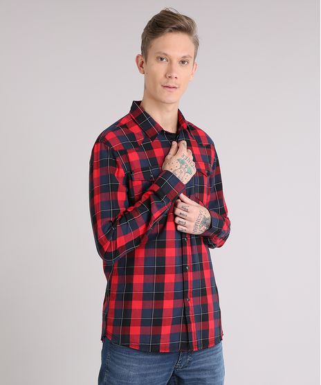 Camisa-Masculina-Xadrez-com-Bolsos-Manga-Longa-Vermelha-8886257-Vermelho_1