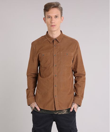 Camisa-Masculina-em-Veludo-Cotele-com-Bolsos-Manga-Longa-Caramelo-8894345-Caramelo_1