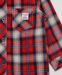 Camisa Infantil de Flanela Festa Junina Estampada Xadrez Manga Longa Vermelha detalhe bolso