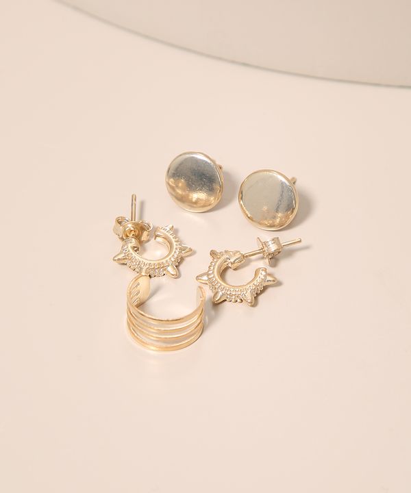 Kit de 2 Brincos Femininos com Earcuff Dourado Único
