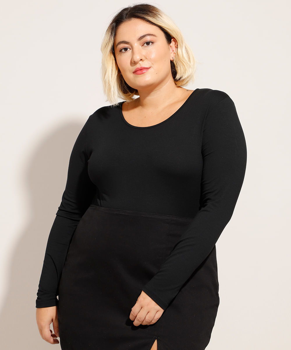 Blusa Plus Size Básica Manga Longa Decote Redondo Preta