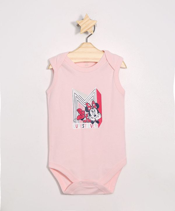Body Infantil de Algodão Minnie Sem Manga Rosa Claro 12-18