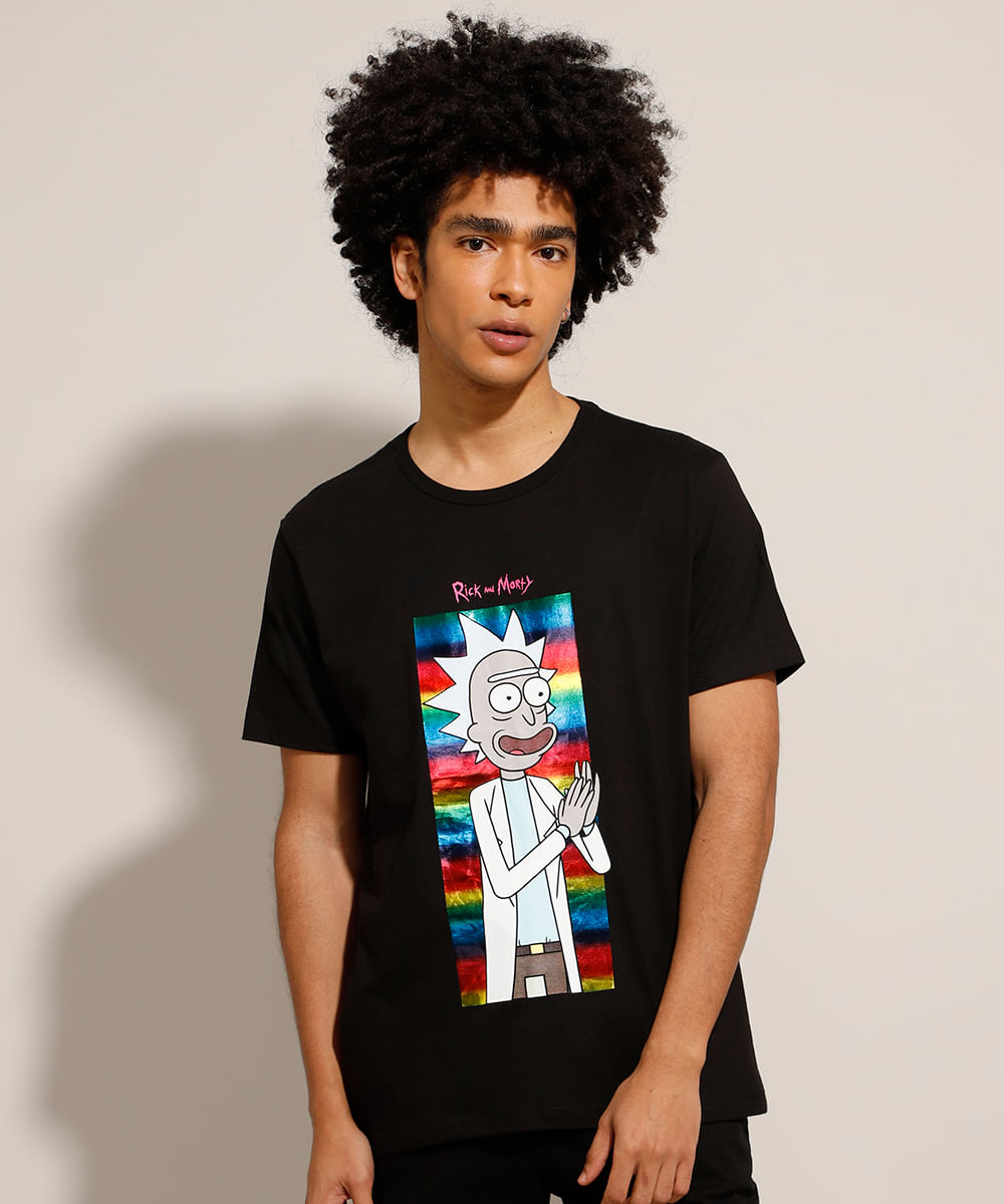 Camiseta de Algodão Rick and Morty Metalizada Manga Curta Gola Careca Preta