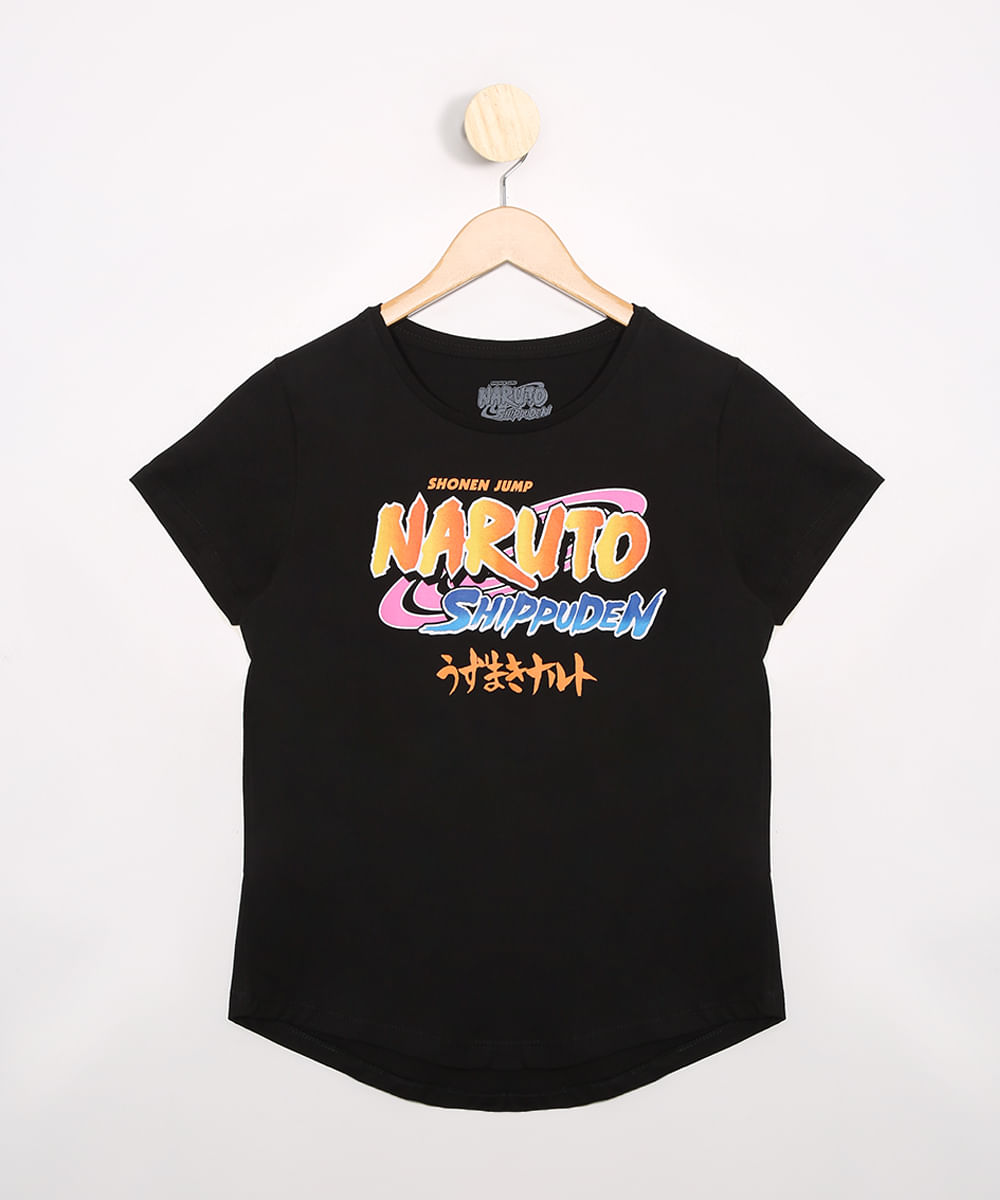 Blusa Juvenil Naruto Manga Curta Decote Redondo Preta