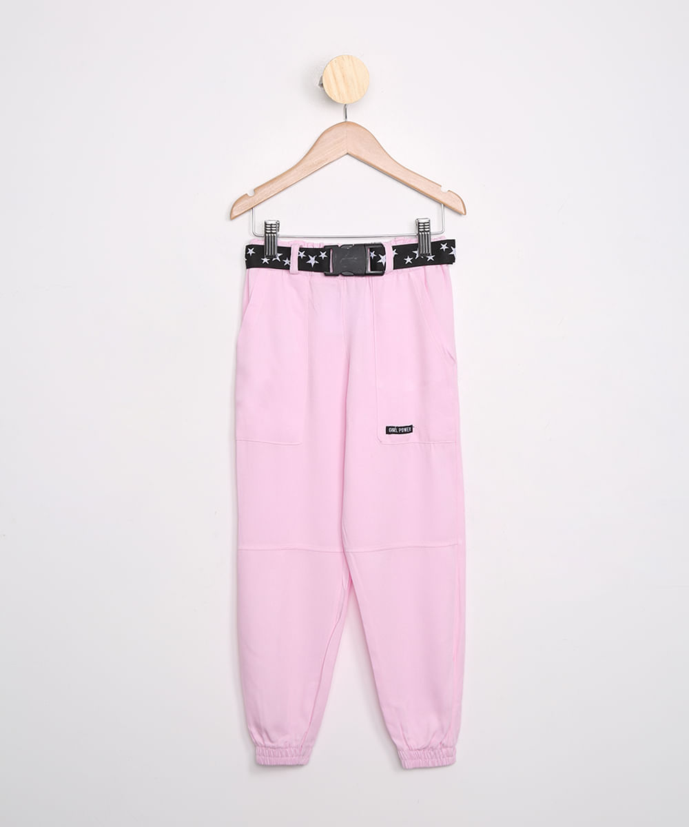 Calça Infantil de Viscose Jogger com Cinto Rosa