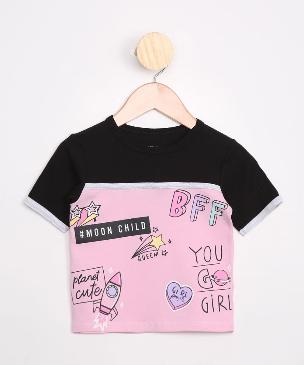 Blusa Infantil com Recorte Canelado e Estampa Manga Curta Rosa